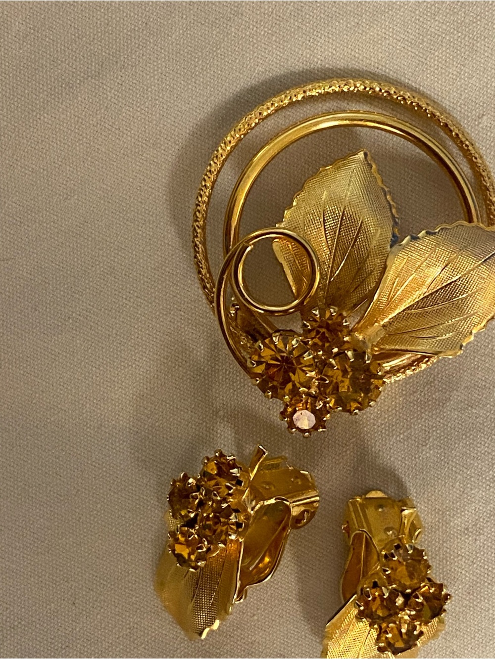 Brooch and Clip Earring Set Gold Tone w/ Topaz crystals